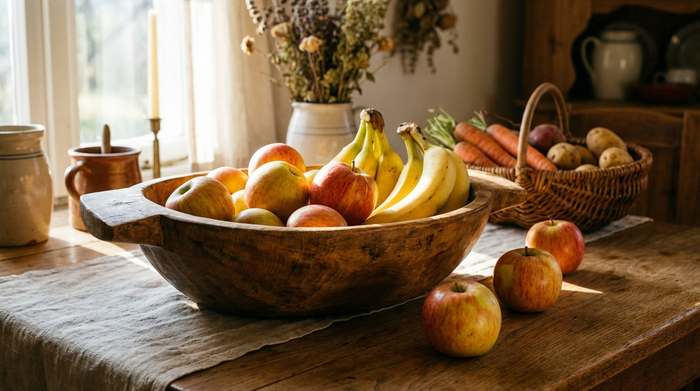 Eine dekorative Holzschale auf einem Küchentisch, gefüllt mit frischen Äpfeln und Bananen, die getrennt von anderem Gemüse gelagert werden. Warme, natürliche Farben.