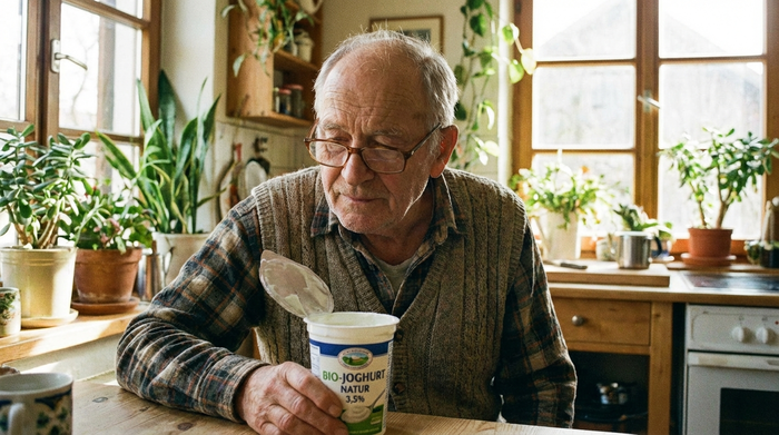 Ein älterer Herr mit Brille betrachtet prüfend, aber entspannt einen Joghurtbecher in seiner Küche. Er riecht leicht daran, um die Frische zu beurteilen. Helles Tageslicht.