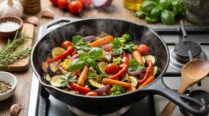 Eine dampfende, bunte Gemüsepfanne auf einem Herd. Frische Kräuter und verschiedene Gemüsesorten werden in einer gusseisernen Pfanne angebraten. Appetitlich und farbenfroh.
