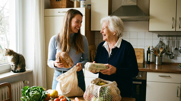 Eine freundliche, junge Alltagsbegleiterin hilft einer älteren Dame beim Einräumen von Einkäufen in der Küche. Beide lächeln sich an. Vertrauensvolle, harmonische Stimmung.