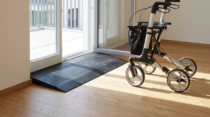 Eine schwarze Keilrampe aus robustem Gummi liegt bündig an einer geöffneten Balkontür auf einem hellen Holzboden. Neben der Rampe steht ein moderner Rollator im Sonnenlicht. Fotorealistisch, saubere Umgebung, kein Text.