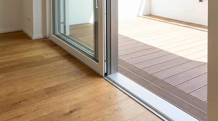Eine hochmoderne, ebenerdige Balkontür mit Nullschwelle. Der gemütliche Holzboden des Wohnzimmers geht nahtlos und ohne spürbare Kante in die eleganten Holz-WPC-Dielen des sonnigen Außenbereichs über. Helles Tageslicht, architektonische Nahaufnahme, fotorealistisch.