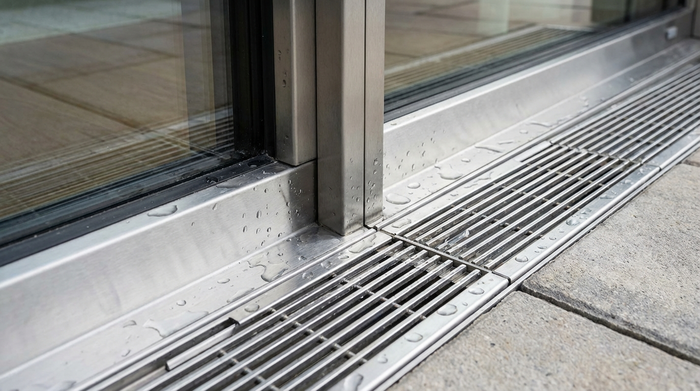 Eine professionell installierte, feine Edelstahl-Entwässerungsrinne direkt vor einer bodentiefen Glas-Balkontür. Wassertropfen glänzen auf dem sauberen Metallgitter. Realistische Nahaufnahme, architektonisches Detail, saubere Verarbeitung, ohne Text.