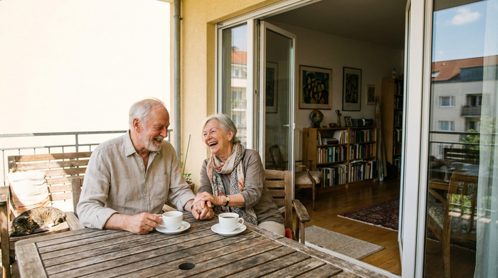 Ein älteres Ehepaar sitzt glücklich an einem Holztisch auf einem sonnigen Balkon und trinkt Kaffee. Im Hintergrund ist die weit geöffnete, schwellenlose Balkontür zum Wohnzimmer zu sehen. Entspannte, positive Stimmung, fotorealistisch.