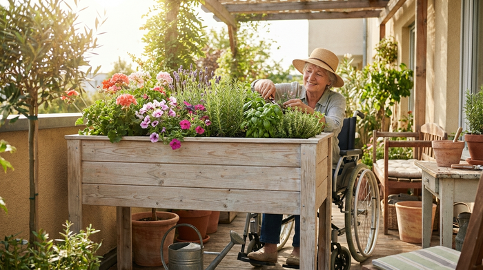 Ein rollstuhlgerechtes, unterfahrbares Hochbeet aus hellem Holz auf einem sonnigen Balkon, üppig bepflanzt mit bunten Blumen und frischen Kräutern. Eine Person pflegt liebevoll die Pflanzen. Fotorealistisch, warme Farben, kein Text.