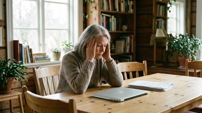 Eine nachdenkliche ältere Frau sitzt an einem aufgeräumten Esstisch vor einem geschlossenen Laptop und einem Stapel Papier. Sie stützt den Kopf leicht in die Hände, sanftes Tageslicht beleuchtet die Szene.