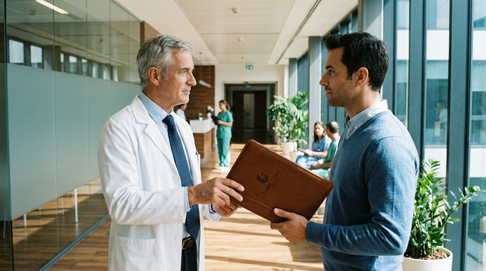 Ein erfahrener Arzt in medizinischer Berufskleidung überreicht einem aufmerksamen Angehörigen im hellen Flur einer modernen Klinik eine wichtige Mappe. Beide wirken fokussiert und ruhig.