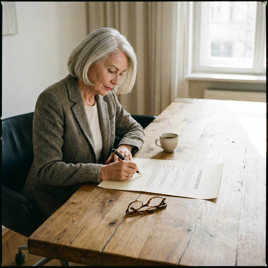 Eine gepflegte ältere Dame unterschreibt mit einem klassischen Füllfederhalter ein wichtiges Dokument auf einem massiven Eichentisch. Eine stilvolle Kaffeetasse und eine Lesebrille liegen daneben.