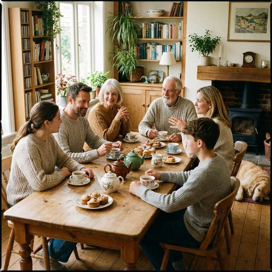 Eine Familie mit zwei Generationen sitzt harmonisch an einem großen Esstisch. Sie unterhalten sich ernsthaft, aber entspannt bei einer Tasse Tee in einer warmen, einladenden Atmosphäre.