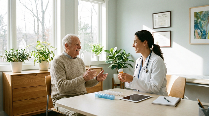 Ein älterer Herr sitzt in einem hellen, freundlichen Arztzimmer und spricht entspannt mit einer kompetenten Ärztin über seine Medikamente. Die Umgebung ist professionell, sauber und einladend.
