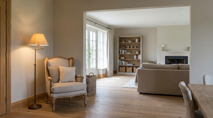 Ein aufgeräumtes, gemütliches Wohnzimmer mit breiten Durchgängen zwischen den Möbeln. Ein komfortabler Sessel mit hoher Sitzfläche steht neben einer Leselampe, deren Kabel ordentlich hinter der Fußleiste versteckt ist.