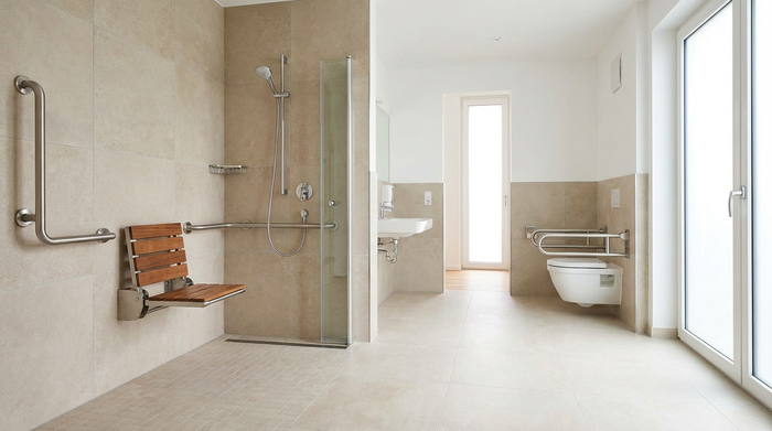 Ein modernes, helles und barrierefreies Badezimmer. Eine geräumige, bodengleiche Dusche mit einem stabilen, an der Wand montierten Duschklappsitz und eleganten Edelstahl-Haltegriffen.