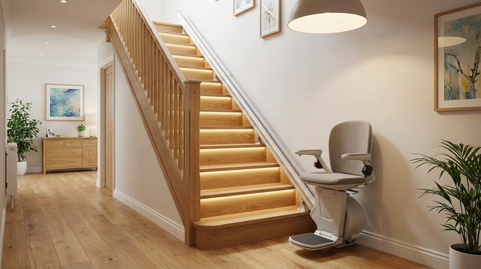 Eine gut ausgeleuchtete Holztreppe in einem gepflegten Einfamilienhaus. Ein moderner, elektrischer Treppenlift ist an der Wandseite installiert, mit einem bequemen, gepolsterten Sitz in neutralen Farben.