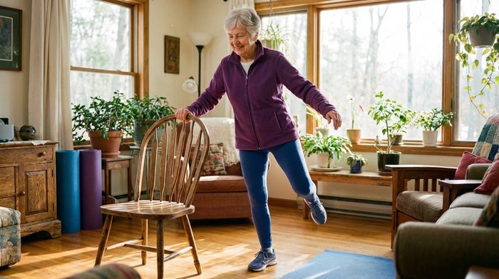 Eine vitale ältere Frau in bequemer Sportkleidung macht leichte Gleichgewichtsübungen in einem sonnigen Raum. Sie hält sich sanft an der Lehne eines stabilen Holzstuhls fest und lächelt konzentriert.