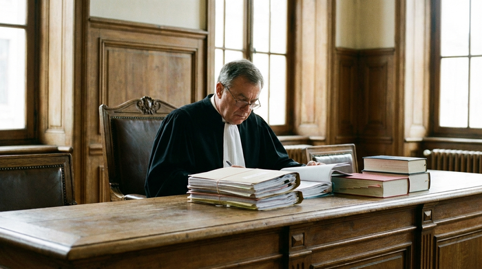 Ein ernster Richter in schwarzer Robe sitzt an einem massiven Holztisch in einem hellen Gerichtssaal und prüft konzentriert dicke Akten. Im Hintergrund verschwommene Holzvertäfelung, seriöse und formelle Atmosphäre, realistisch, keine Schriftzüge.