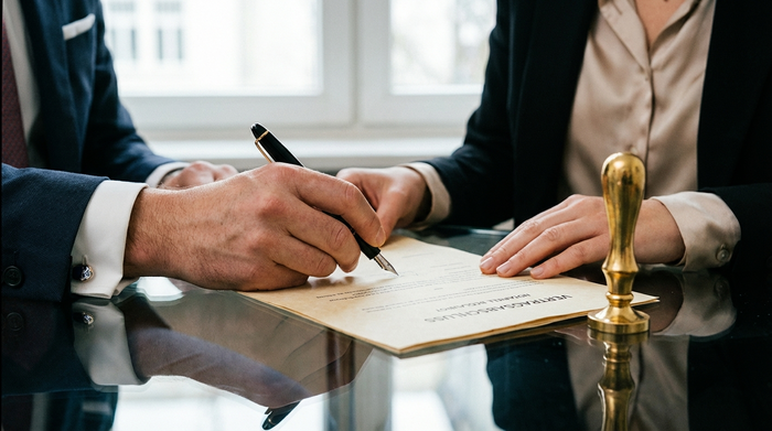 Eine detaillierte Nahaufnahme von zwei Händen in eleganten Business-Outfits, die mit einem hochwertigen Füllfederhalter ein wichtiges Dokument auf einem Glastisch unterschreiben. Daneben liegt ein goldener Notarstempel, weiches und professionelles Licht, Fotorealismus.