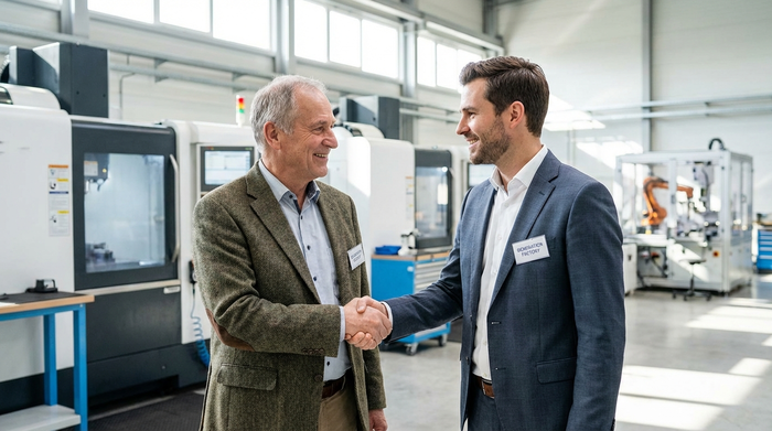 Zwei Geschäftsleute unterschiedlicher Generationen, ein älterer Mann und ein jüngerer Mann, stehen lächelnd in einer modernen Produktionshalle und geben sich fest die Hand. Im Hintergrund saubere, moderne Maschinen, helle Beleuchtung, vertrauensvolle Stimmung.