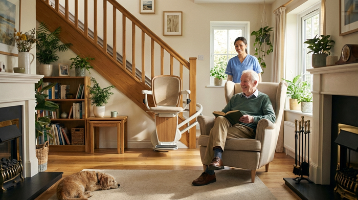 Ein gemütliches, lichtdurchflutetes Wohnzimmer mit einem modernen Treppenlift an einer Holztreppe. Ein älterer Herr sitzt entspannt in einem bequemen Sessel und liest ein Buch, während im Hintergrund eine Pflegekraft freundlich lächelt. Ruhige, sichere Atmosphäre.