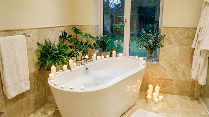 Eine saubere, strahlend weiße Badewanne in einem elegant gefliesten Badezimmer. Das warme Badewasser dampft leicht, umgeben von beruhigenden Kerzen und grünen Zimmerpflanzen auf dem Wannenrand.