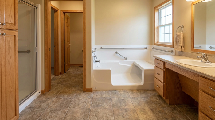 Ein klassisches, barrierefreies Badezimmer mit rutschfesten, matten Bodenfliesen und hellen Holzmöbeln. Die geräumige Badewanne ist leicht zugänglich und bietet viel Platz.