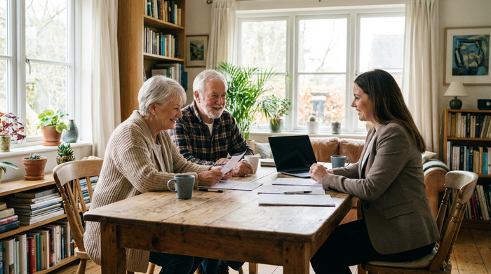 Ein älteres, lächelndes Ehepaar sitzt entspannt an einem Holztisch im hellen Wohnzimmer und bespricht konzentriert Dokumente mit einer freundlichen Beraterin.