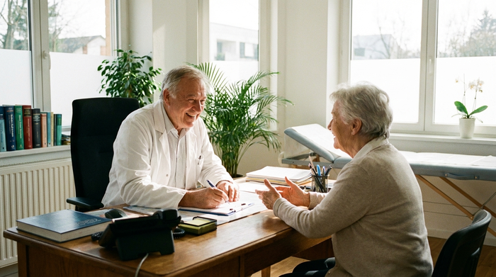 Ein freundlicher Arzt im weißen Kittel sitzt in einem hellen Sprechzimmer am Schreibtisch, spricht mit einer älteren Patientin und macht sich Notizen auf einem Klemmbrett.