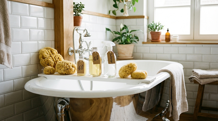 Ein aufgeräumtes Badezimmer mit weichen, sauberen Schwämmen und milden Reinigungsmitteln, die ordentlich am Rand einer glänzenden Badewanne aufgereiht sind.