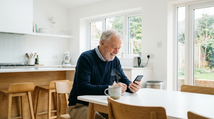 Ein älterer Herr sitzt am Küchentisch und schaut entspannt auf sein Smartphone. Neben ihm steht eine Tasse Kaffee. Die Szene wirkt aufgeräumt, hell und positiv, was finanzielle und organisatorische Erleichterung ausstrahlt. Keine Schriftzüge im Bild.
