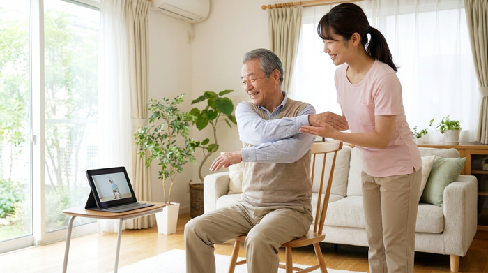 Ein Senior macht leichte Dehnübungen im Sitzen auf einem Stuhl im Wohnzimmer. Vor ihm steht ein Tablet auf einem kleinen Tisch, das er aufmerksam betrachtet. Eine jüngere Frau steht unterstützend daneben und lächelt. Helle, freundliche Umgebung.