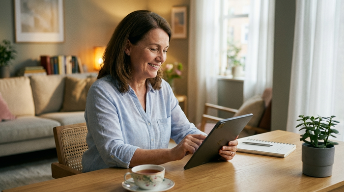 Eine Pflegerin oder Angehörige mittleren Alters sitzt an einem aufgeräumten Schreibtisch, nutzt ein Tablet und wirkt erleichtert und zufrieden. Im Hintergrund ist unscharf ein gemütliches Wohnzimmer zu erkennen. Realistische Fotografie, keine Texte.
