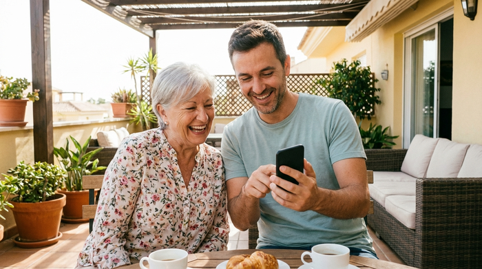 Eine ältere Dame und ihr Sohn sitzen gemeinsam auf einer sonnigen Terrasse. Der Sohn hält ein Smartphone in der Hand und erklärt ihr entspannt die Funktionen. Beide lachen. Eine stressfreie Atmosphäre, die einen einfachen Ablauf symbolisiert.