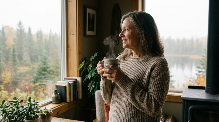 Eine Frau mittleren Alters steht an einem großen Fenster, hält eine warme Teetasse in beiden Händen und blickt entspannt nach draußen. Die Szene strahlt Ruhe, Erholung und psychologische Entlastung aus. Weiches, natürliches Licht.