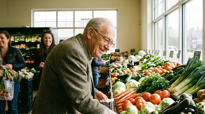 Ein älterer Herr im Supermarkt schaut konzentriert und lächelnd auf frisches, buntes Gemüse in der Auslage, ohne einen Einkaufszettel in der Hand zu halten. Helle, freundliche Atmosphäre.
