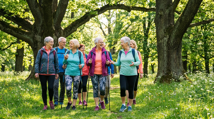 Eine Gruppe aktiver Senioren spaziert lachend durch einen sonnigen, grünen Park. Sie tragen sportliche Kleidung und unterhalten sich angeregt vor einer Kulisse aus großen Bäumen.