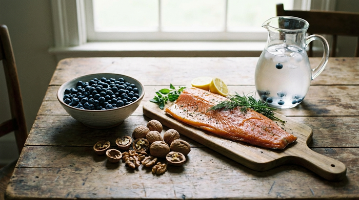 Ein rustikaler Holztisch mit einer ansprechenden Auswahl an frischen Blaubeeren in einer Schale, knackigen Walnüssen, einem Stück Lachs und einem gläsernen Krug mit klarem Wasser.