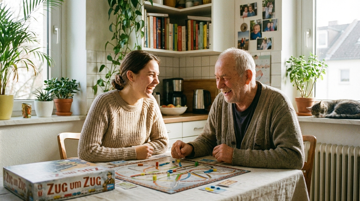 Eine einfühlsame, junge Pflegekraft sitzt mit einem älteren Mann an einem gemütlichen Küchentisch. Sie spielen gemeinsam ein Brettspiel und lachen voller Freude.