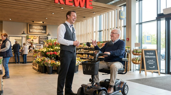 Ein freundlicher Supermarktleiter unterhält sich lächelnd mit einem älteren Herrn auf einem kompakten Elektromobil im Eingangsbereich eines modernen Lebensmittelgeschäfts.