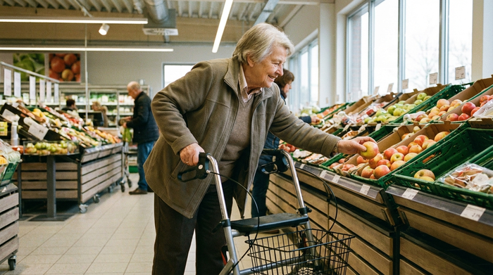 Eine rüstige Seniorin stützt sich sicher auf einen leichten Aluminium-Rollator, während sie in einem gut beleuchteten Supermarktgang nach einem Apfel greift. Beide Hände sind an den Bremsen.