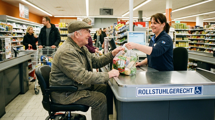 Ein älterer Mann sitzt auf einem Elektromobil an einer breiten, rollstuhlgerechten Supermarktkasse. Eine freundliche Kassiererin reicht ihm seine Einkäufe über den Tresen.