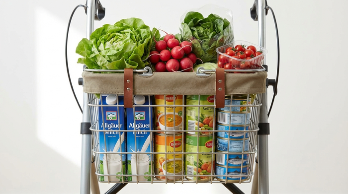Ein robuster Rollatorkorb, in dem schwere Milchtüten und Konserven ganz unten sicher verstaut sind. Obenauf liegen leichte Gemüsesorten. Sauberer, heller Hintergrund.