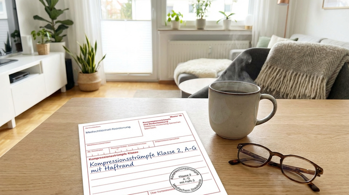 Ein ärztliches Rezept für ein medizinisches Hilfsmittel liegt auf einem hellen Holztisch neben einer Tasse Kaffee und einer Lesebrille. Gemütliche, aufgeräumte Wohnatmosphäre.