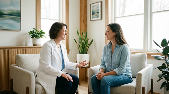 Ein freundlicher Arzt im weißen Kittel spricht in einem modernen, hellen Sprechzimmer beruhigend mit einer erwachsenen Tochter. Vertrauensvolle Stimmung, weiches Licht und eine entspannte Gesprächsatmosphäre.