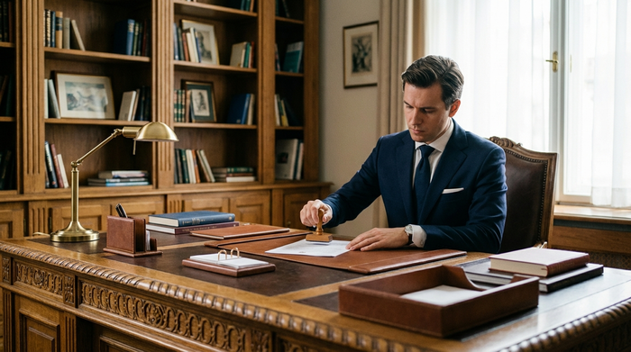 Ein elegantes Büro mit einem massiven Eichenschreibtisch. Eine gepflegte, seriöse Person im Business-Anzug stempelt ein offizielles Dokument. Im Hintergrund erkennt man unscharf ein stilvolles Bücherregal.