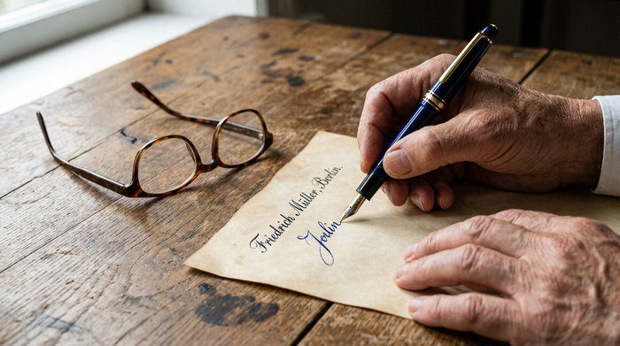 Eine detaillierte Nahaufnahme von Händen, die mit einem hochwertigen blauen Füllfederhalter ein Dokument unterschreiben. Auf dem rustikalen Holztisch liegt eine schlichte Lesebrille.