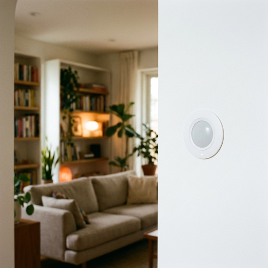 Nahaufnahme eines modernen, runden Präsenzmelders an einer weißen Wand, der dezent in das Raumdesign integriert ist. Im Hintergrund ist unscharf ein gemütliches Wohnzimmer zu erkennen.