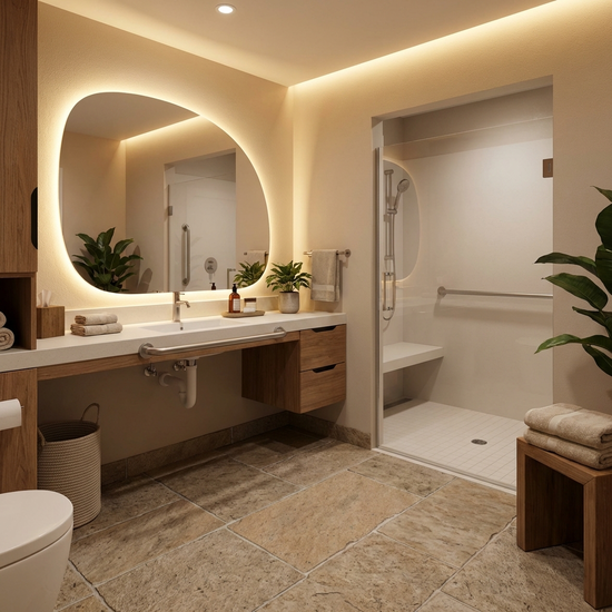 Ein altersgerechtes Badezimmer mit rutschfesten Fliesen. Ein sanftes, warmes Licht strahlt indirekt hinter dem Spiegel hervor und beleuchtet das Waschbecken völlig blendfrei.