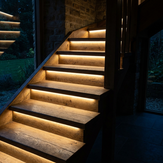 Eine Holztreppe im Innenbereich, bei der jede einzelne Stufe an der Unterkante mit einem warmweißen LED-Streifen beleuchtet ist. Sichere und klare Kontraste im Dunkeln.