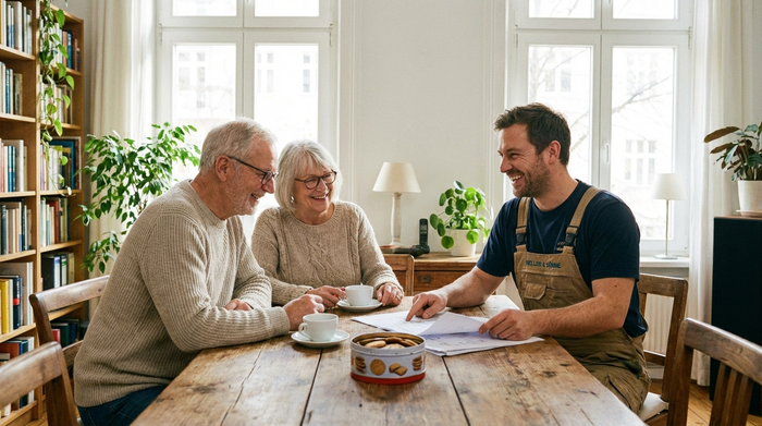Ein älteres Ehepaar sitzt entspannt an einem Holztisch im hellen Wohnzimmer und bespricht lächelnd Dokumente mit einem freundlichen Handwerker in professioneller Arbeitskleidung.