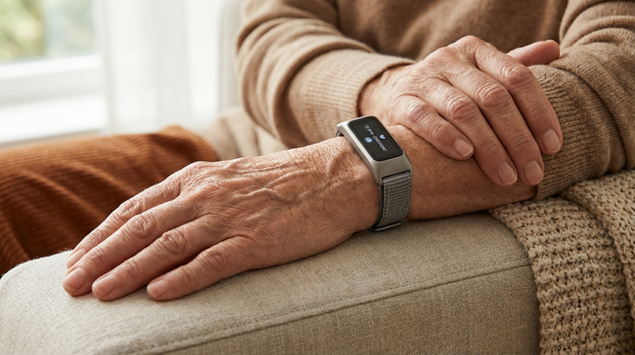 Nahaufnahme eines modernen, schlichten Fitness-Armbands am Handgelenk einer älteren Frau, die entspannt auf einem Sofa sitzt. Sanftes, natürliches Licht, Fokus auf die hochwertigen Materialien des Armbands, fotorealistisch.