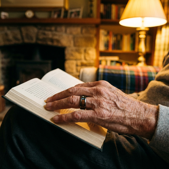 Ein eleganter, smarter Ring am Finger eines älteren Mannes, dessen Hand sanft auf einem aufgeschlagenen Buch ruht. Realistische, warme Beleuchtung in einem gemütlichen Wohnzimmer.